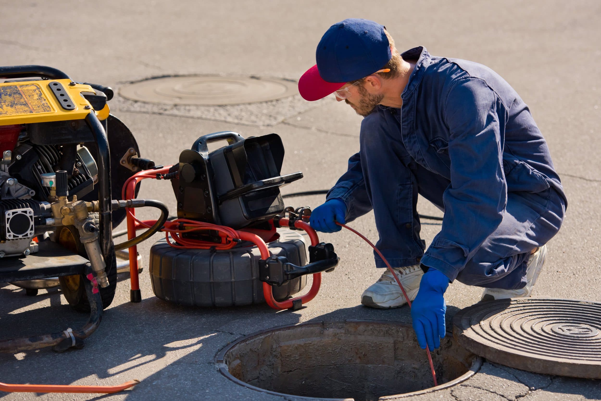 Plumber using CCTV drain inspection tool to inspect sewer.